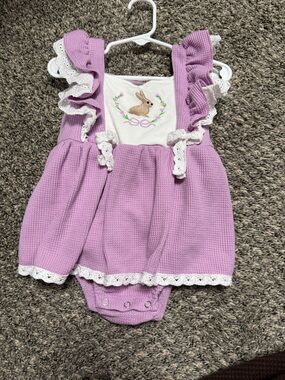 Marie Nicole 18-24 month Lavender Ruffle Baby Romper with Bunny Embroidery